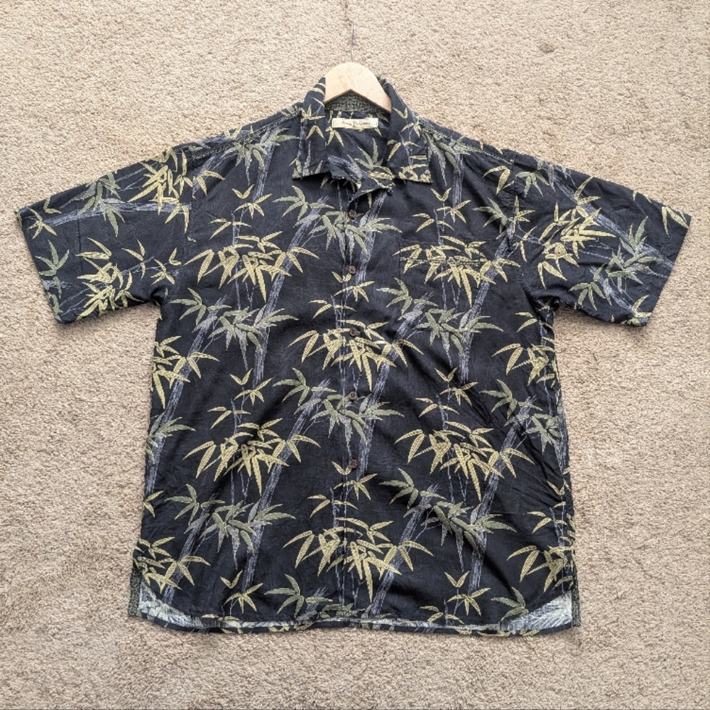 Tommy Bahama Black Bamboo Print Shirt, 100% Silk, XL